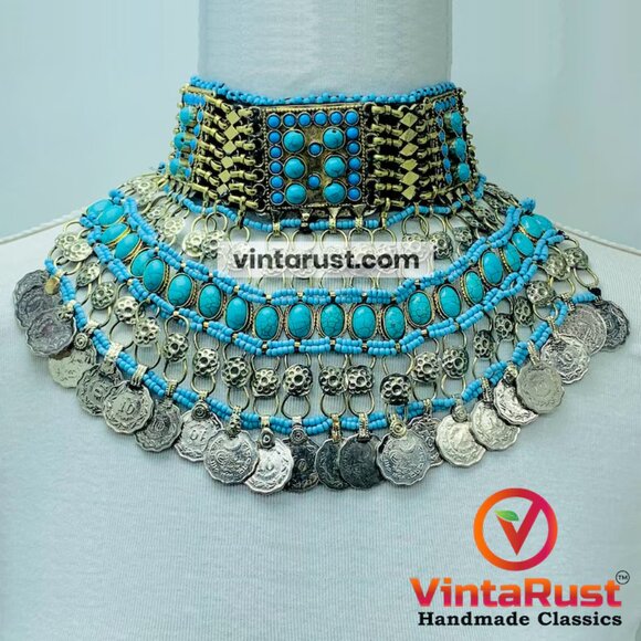 Turquoise Beaded and Stone Choker Necklace With Vintage Dangling Coins - Picture 1 of 15